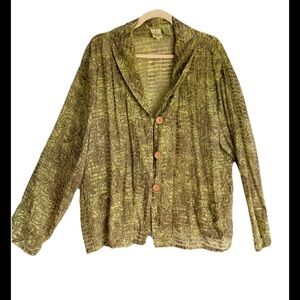 FOCUS Sheer Crinkle Long-Sleeve Sage Green Print Button Overblouse Jacket Sz XL